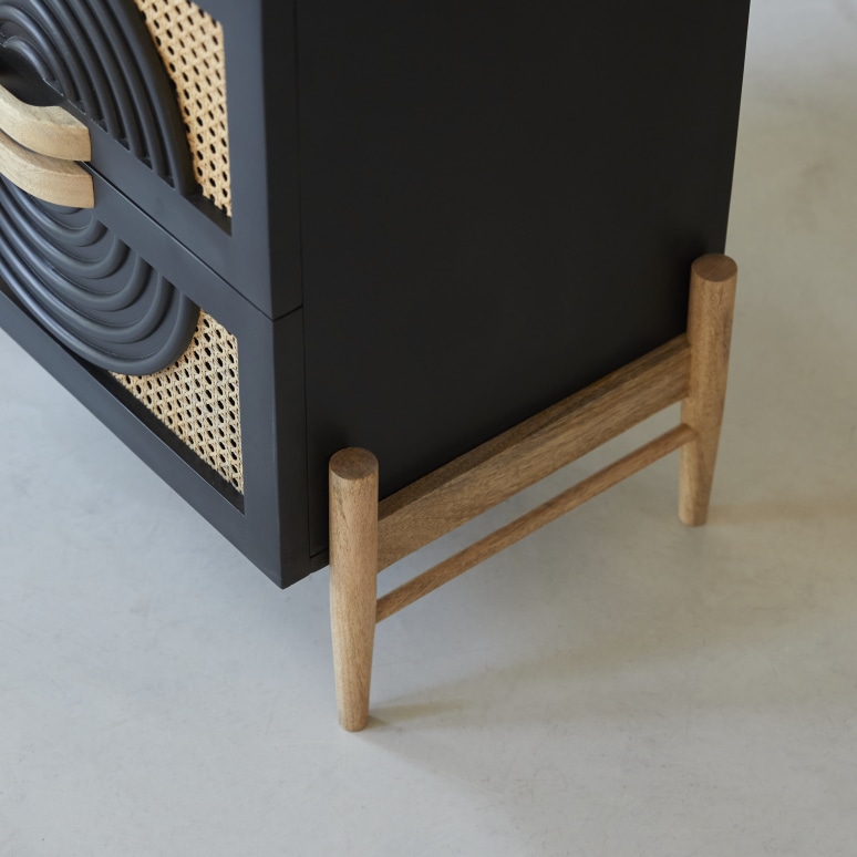 Sina - Cassettiera in legno di mango massello nero e rattan