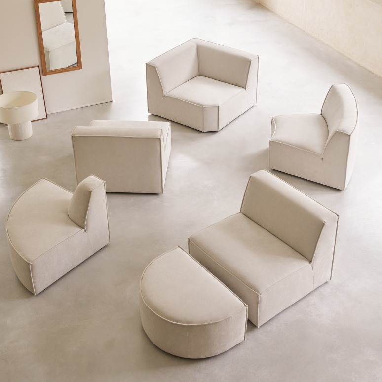 Dario - Modul-Ecksofa aus beigefarbenem Stoff, 4–5 Sitzplätze