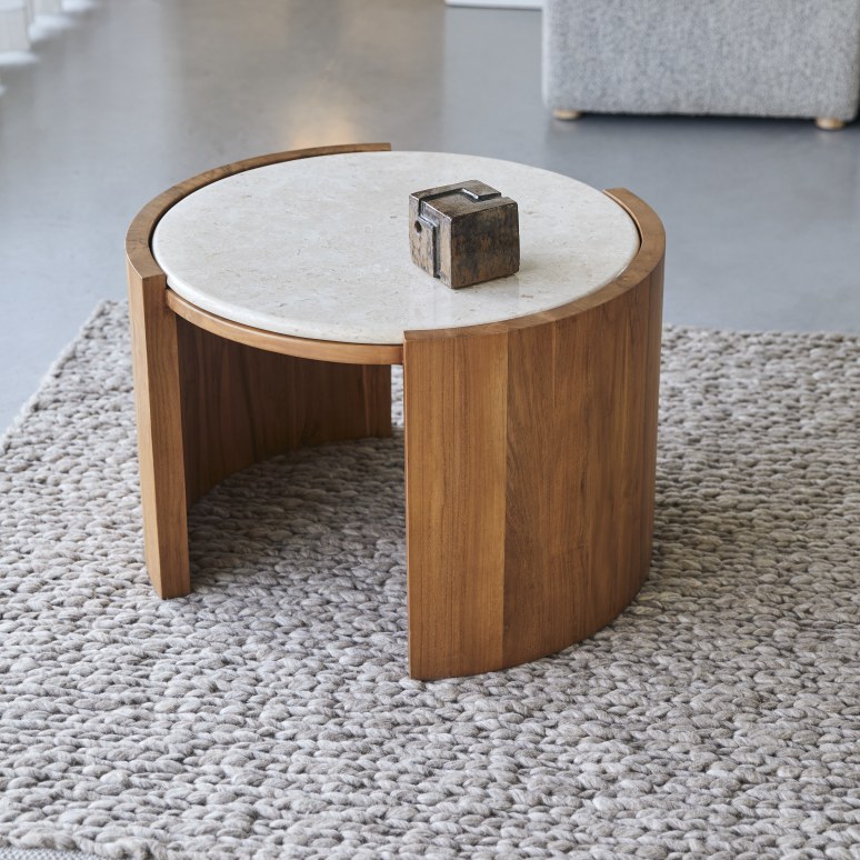 Virgile - Table d’appoint ronde en teck massif et marbre