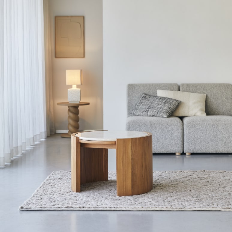 Virgile - Round side table in solid teak and marble