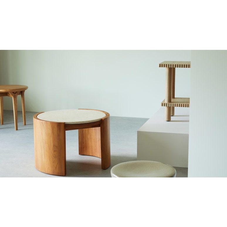 Virgile - Round side table in solid teak and marble