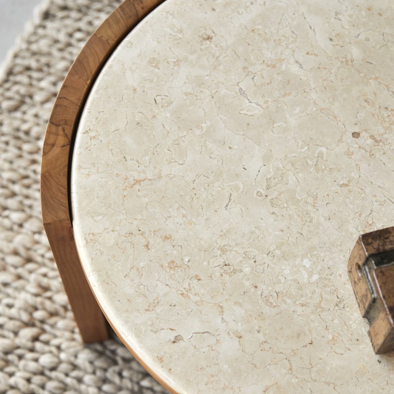 Virgile - Round side table in solid teak and marble