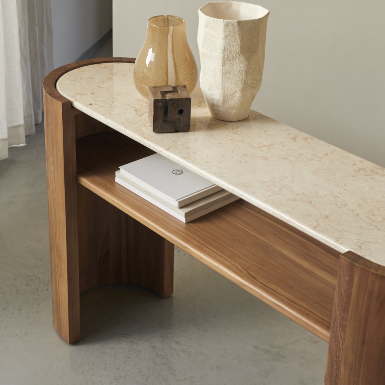 Virgile - Hallway console table in solid teak and marble