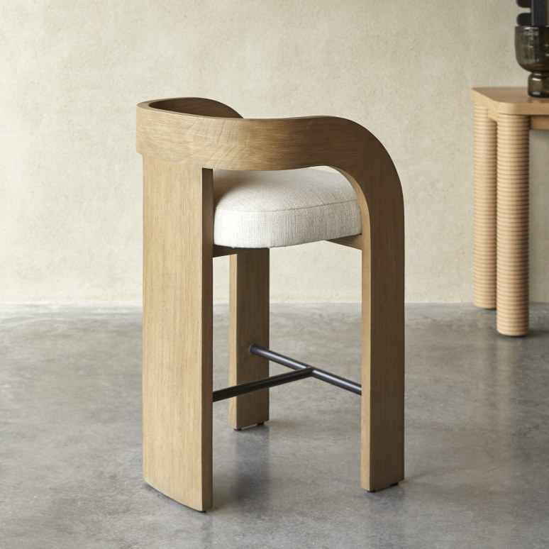 Boti - Silla alta de madera maciza de mindi y tela color crudo