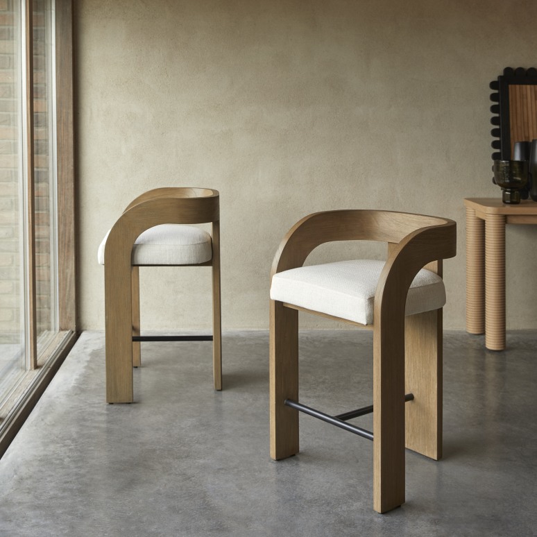 Boti - Chaise de bar en mindi massif et tissu écru