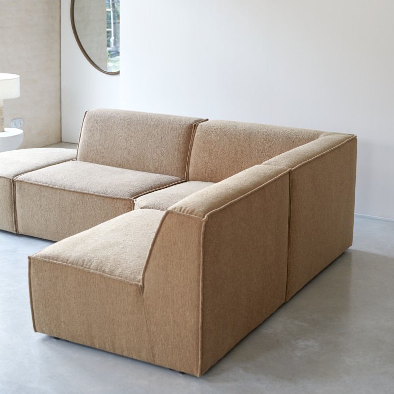Dario - Canapé d'angle modulable en tissu camel, 4-5 places