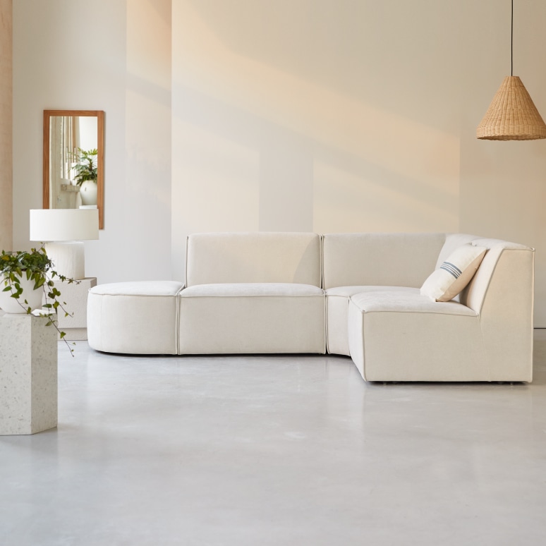 Dario - Modul-Ecksofa aus beigefarbenem Stoff, 4–5 Sitzplätze