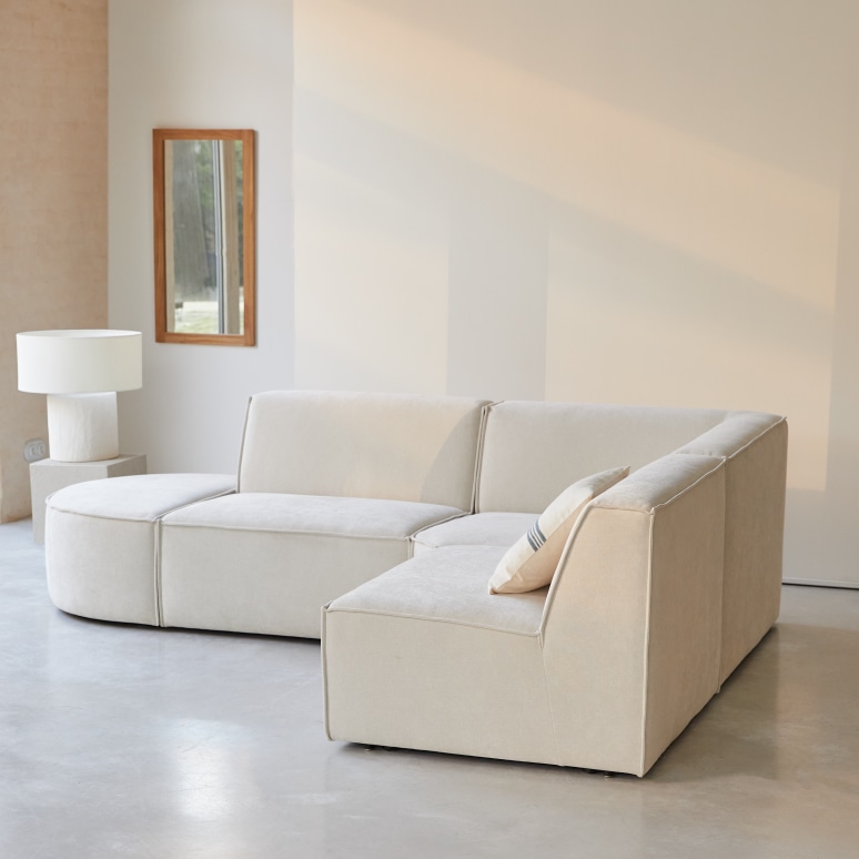 Dario - Canapé d'angle modulable en tissu beige, 4-5 places
