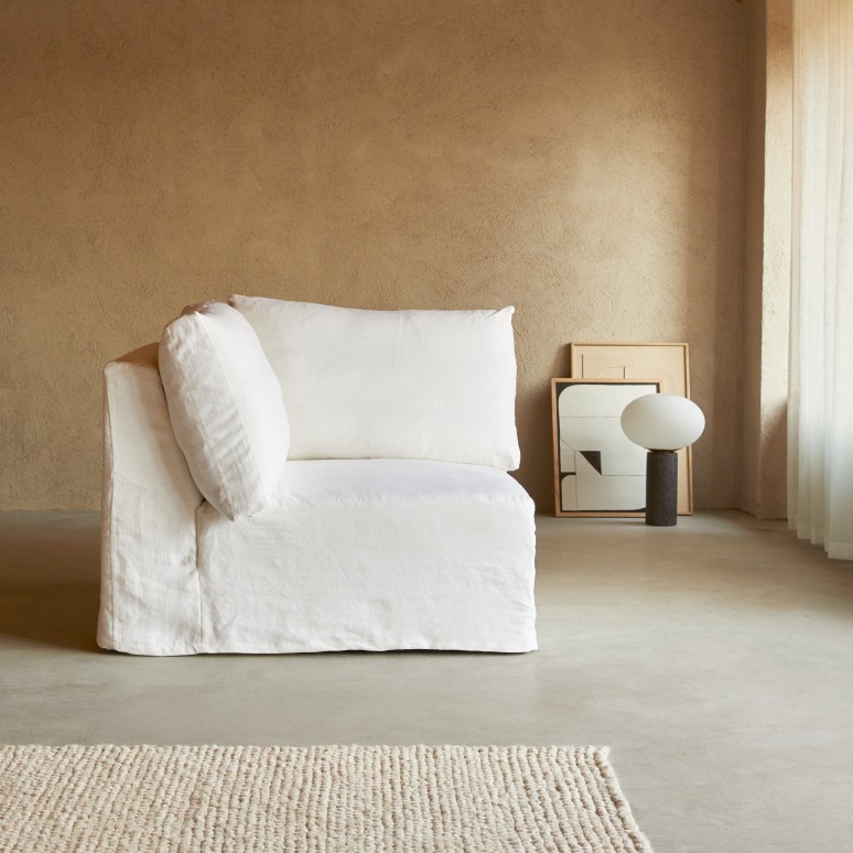 Nils - Modulaire hoekbank in wit linnen met chaise longue, 2-zit 