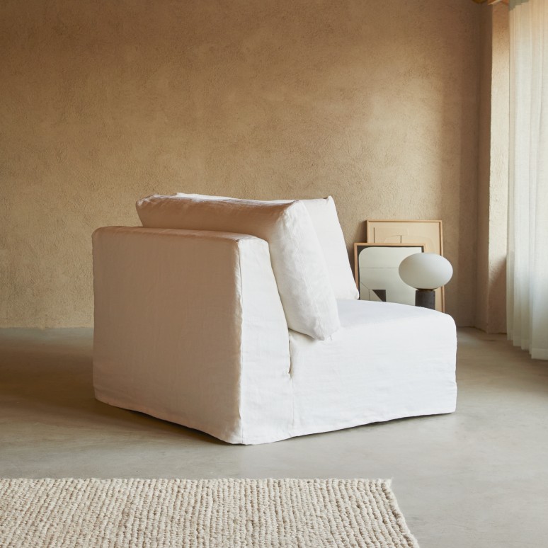 Nils - Canapé d’angle modulable en lin blanc, 3 places