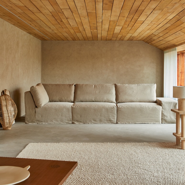 Nils - Divano angolare modulabile in lino naturale, 3 posti