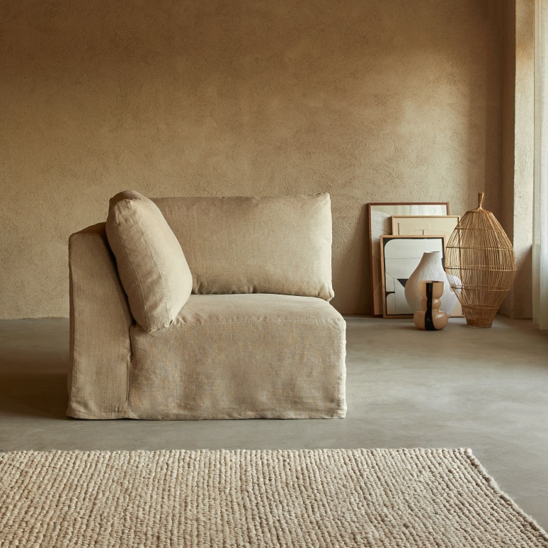 Nils - Divano angolare modulabile in lino naturale, 3 posti