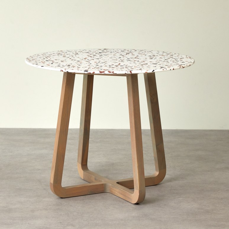 Elio - Table de jardin ronde en terrazzo premium et acacia massif 4 pers.