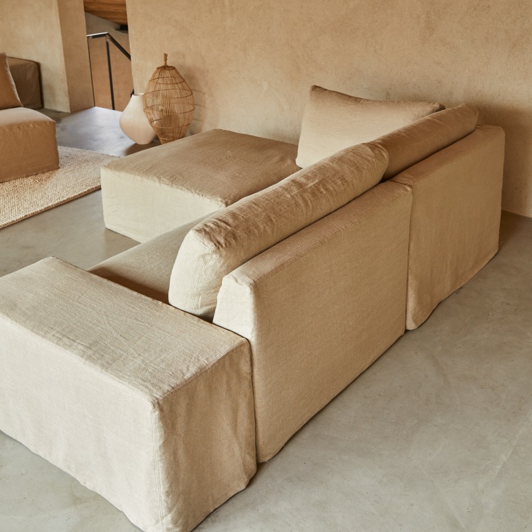 Nils - Sofá esquinero modulable de lino natural con meridiana, 2 plazas 