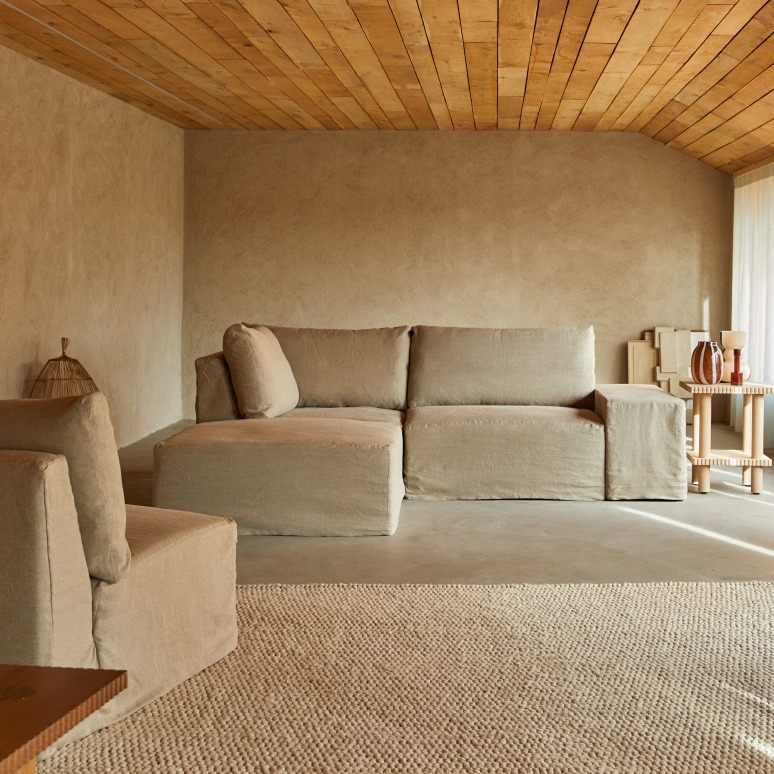 Nils - Sofá esquinero modulable de lino natural con meridiana, 2 plazas 