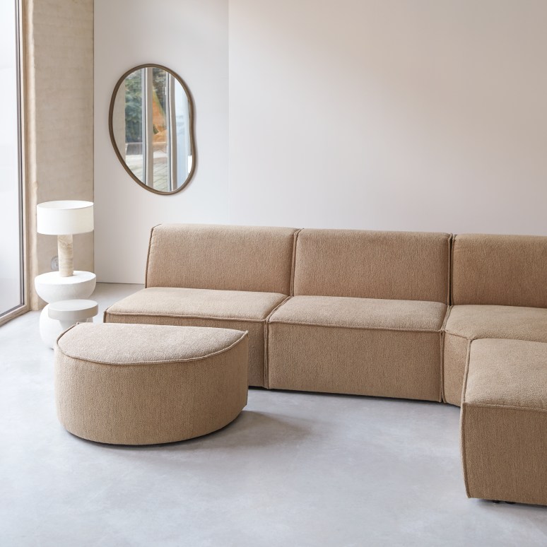 Dario - Canapé d'angle modulable en tissu camel, 5-6 places