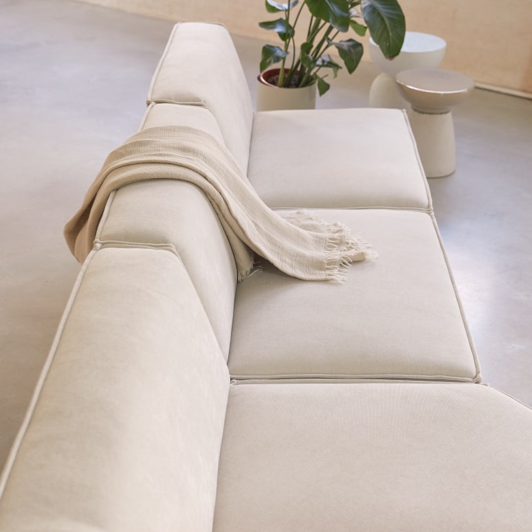 Dario - Canapé d'angle modulable en tissu beige, 5-6 places