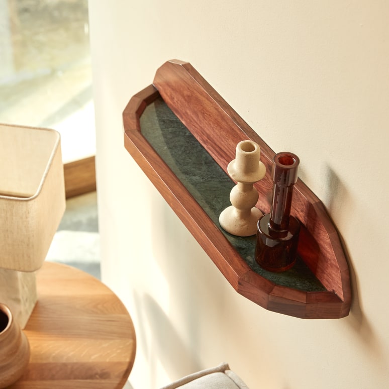 Jade - Estantería de pared de palisandro macizo y mármol 60 cm