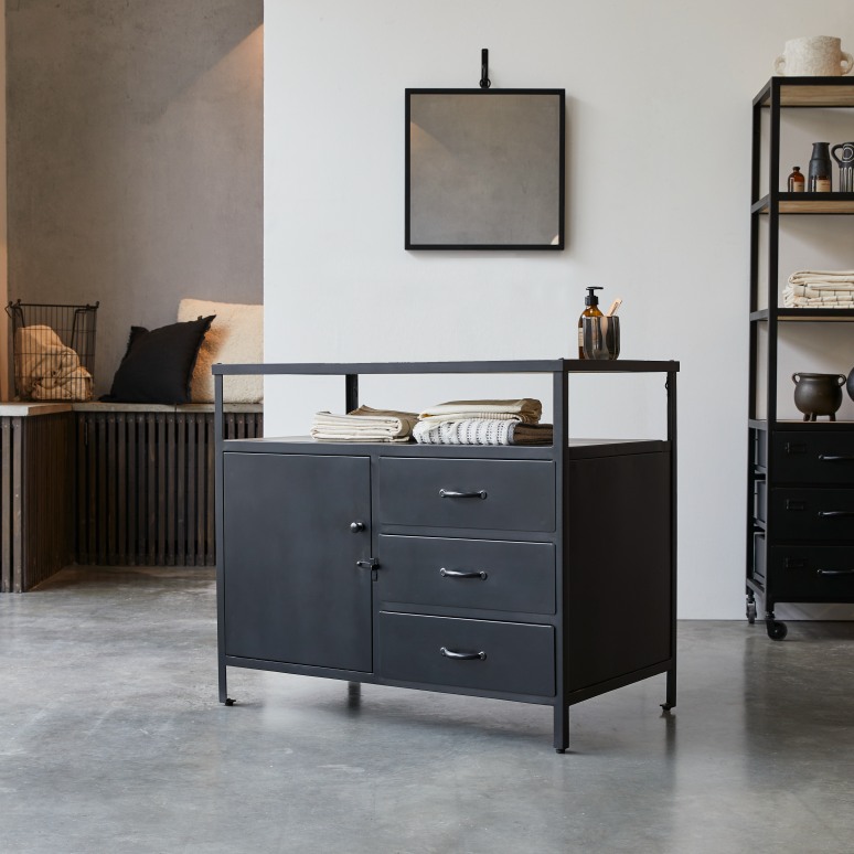 Industriel - Mobile contenitore in legno di mango massello e metallo 95 cm