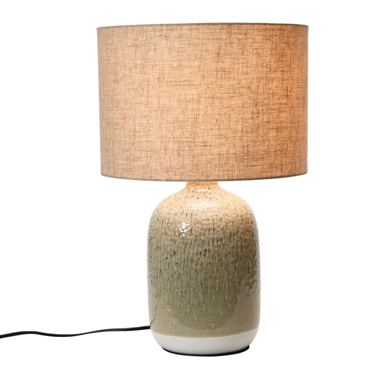 James - Stoneware Table Lamp with Linen Shade and Reactive Glaze, Taupe