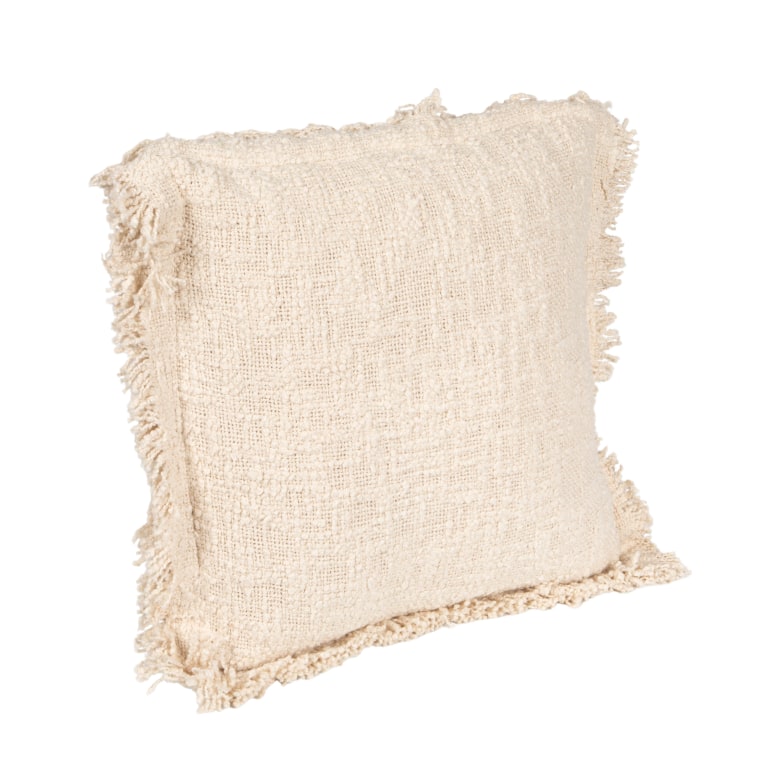 Seb - Woven Cotton Pillow with Fringe and Flanged Edge, Natural