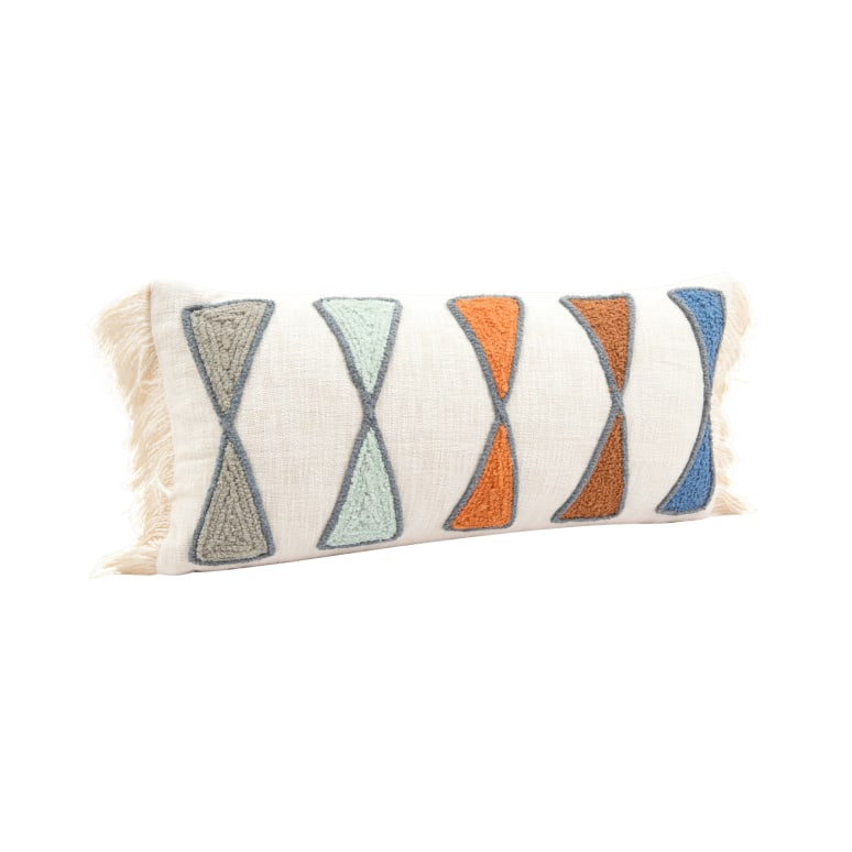 Riley - Cotton Lumbar Pillow with Embroidery and Fringe, Multicolor