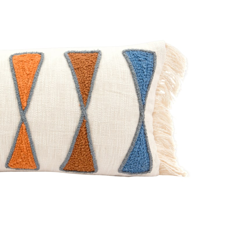 Riley - Cotton Lumbar Pillow with Embroidery and Fringe, Multicolor