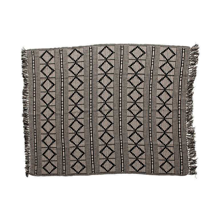 Samo - Soft Reclaimed Cotton Blend Throw with Diamond Pattern and Fringe, Black and Beige