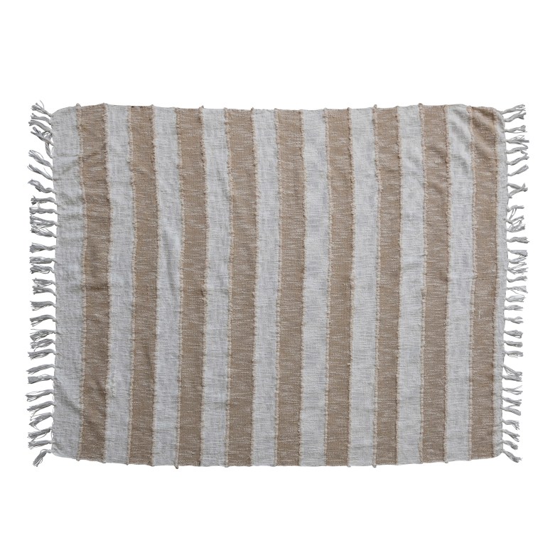Audrey - Soft Cotton Throw Blanket with Stripes and Fringe, Tan and Natural