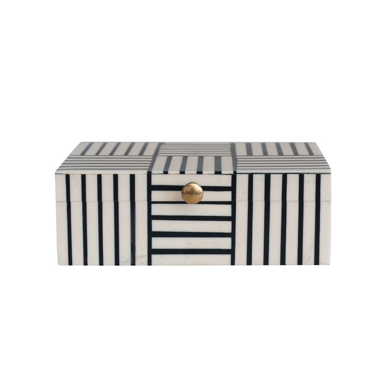 Samuel - Plastic Storage Box with Striped Block Pattern and Gold Knob, Black and White