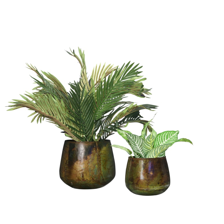 Olivia - Various Round Metal Planters with Oxidized Finish, Green, Set of 2