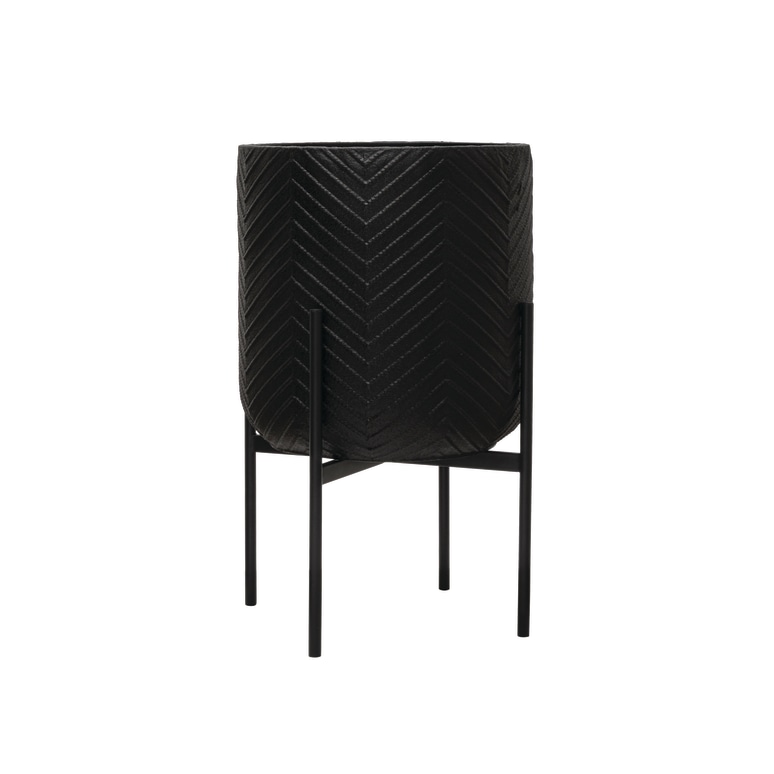 Aja - Round Metal Planter with Chevron Pattern on Stand, Black