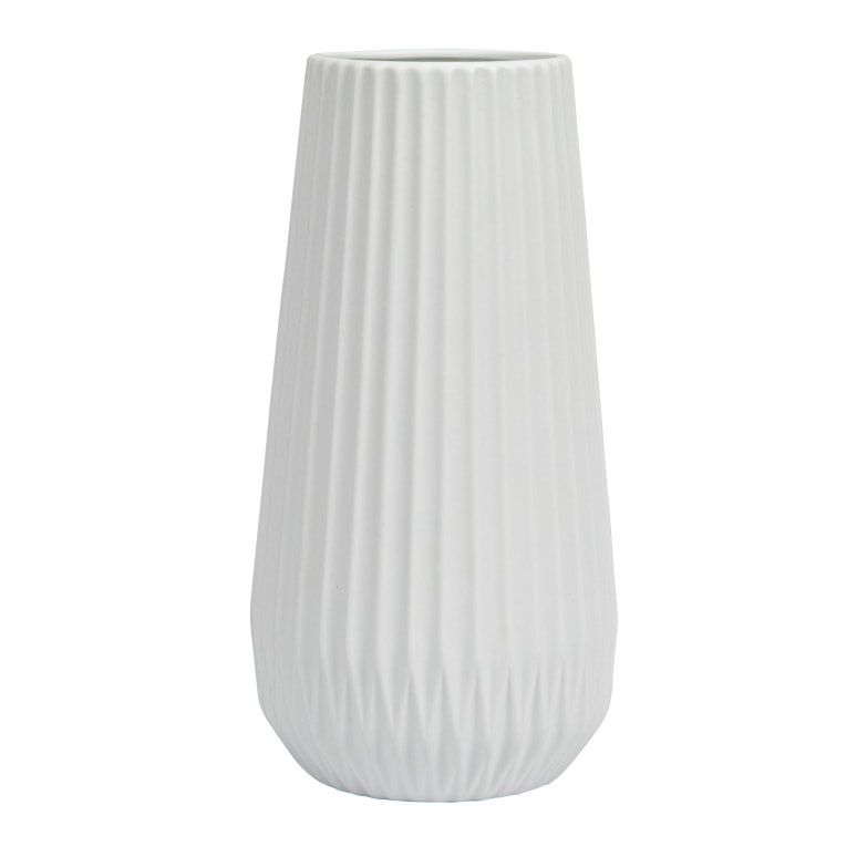 Renee - Round Stoneware Fluted Vase with Embossed Lines, Matte White
