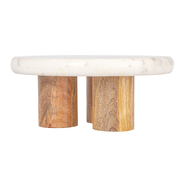 Margot - Round Elevated Marble and Wood Food Pedestal, Natural