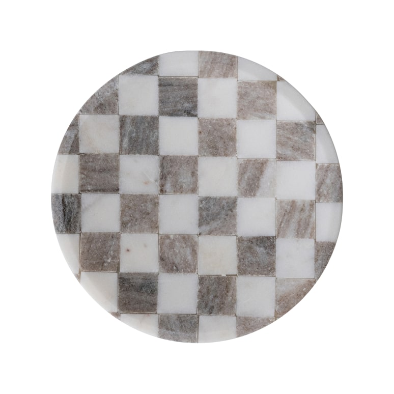 Maya - Round Marble Checkered Cheese and Serving Tray, Buff Color and White