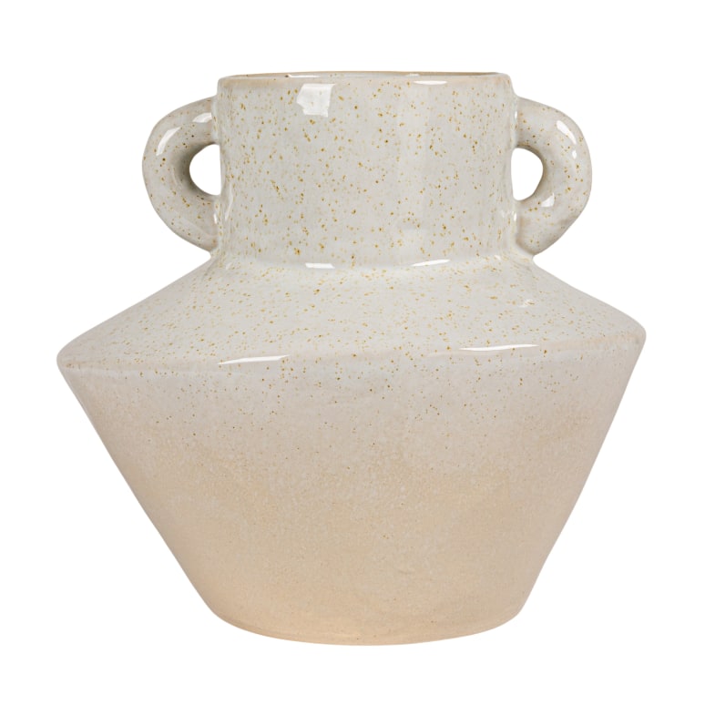 Leslie - Round Stoneware Vase with Reactive Glaze Finish and Vertical Handles, Light Grey