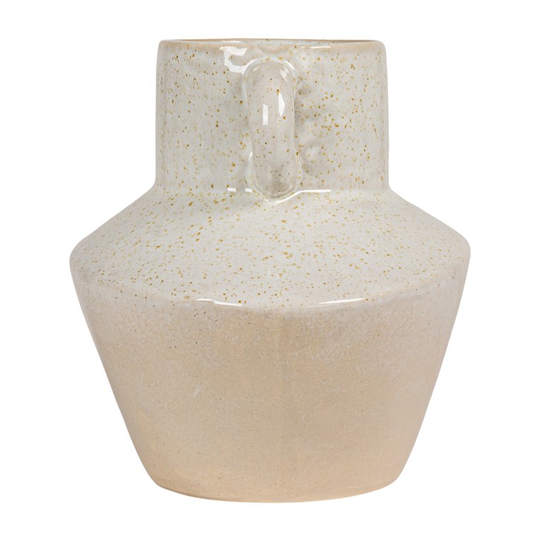 Leslie - Round Stoneware Vase with Reactive Glaze Finish and Vertical Handles, Light Grey
