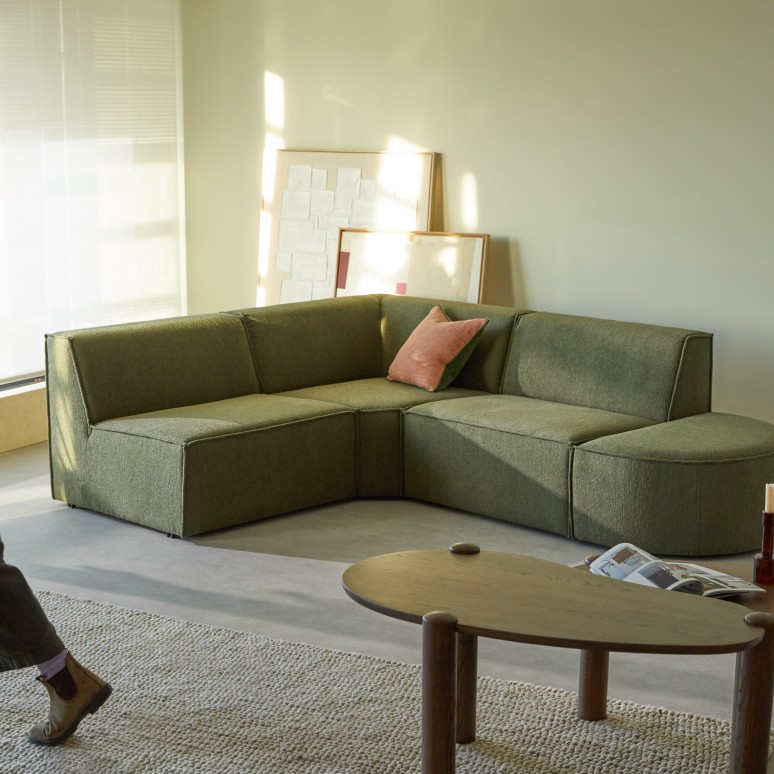Dario - Sofá esquinero modular en tela verde, 4-5 plazas