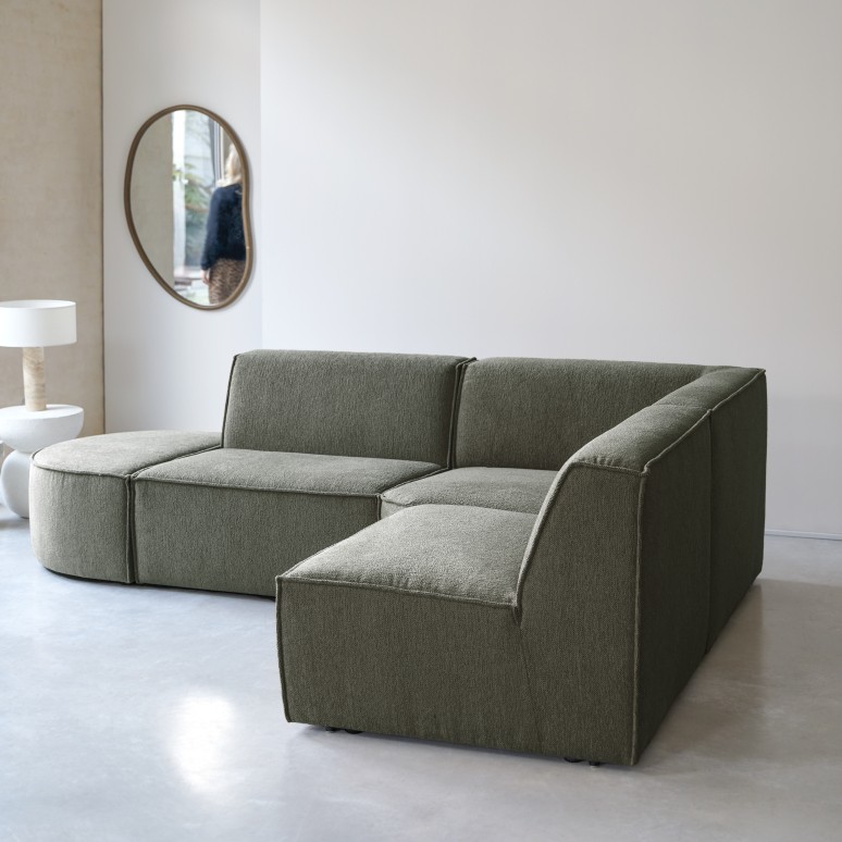Dario - Canapé d'angle modulable en tissu vert, 4-5 places