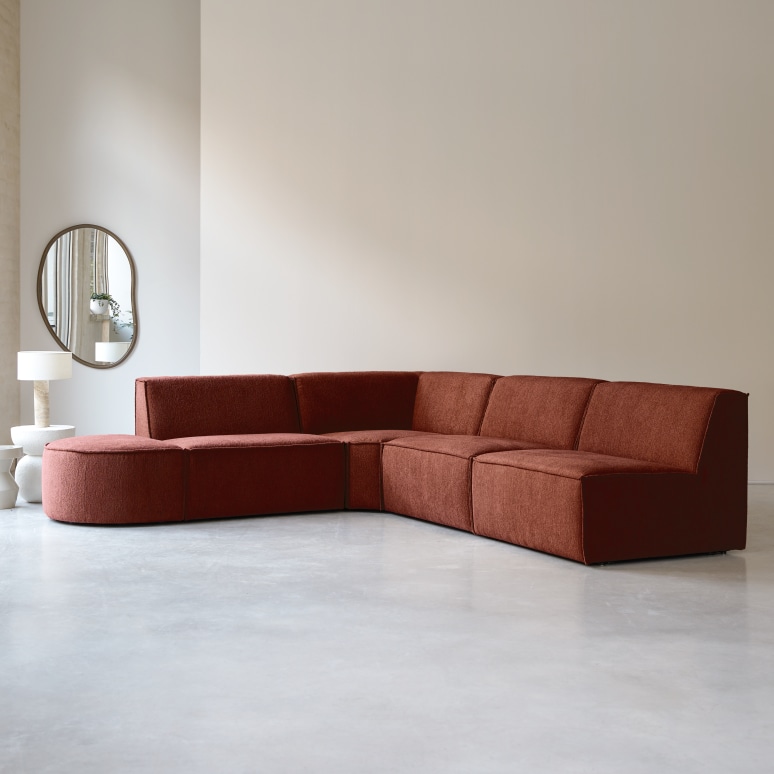 Dario - Sofá esquinero modular en tela caoba, 5-6 plazas