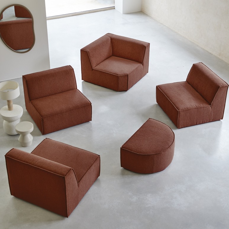 Dario - Canapé d'angle modulable en tissu acajou, 5-6 places