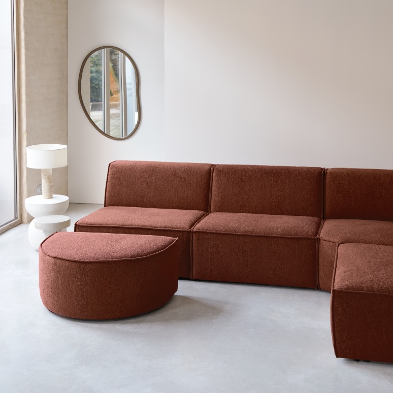 Dario - Sofá esquinero modular en tela caoba, 5-6 plazas