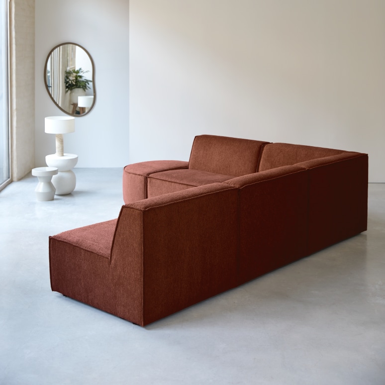 Dario - Sofá esquinero modular en tela caoba, 5-6 plazas