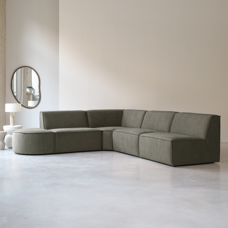 Dario - Modulares Ecksofa aus grünem Stoff, 5-6 Sitzplätze