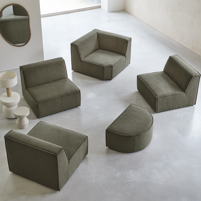 Dario - Canapé d'angle modulable en tissu vert, 5-6 places