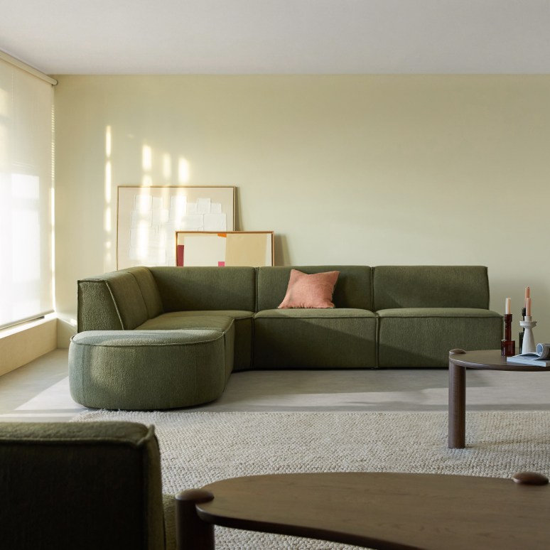 Dario - Sofá esquinero modular en tela verde, 5-6 plazas