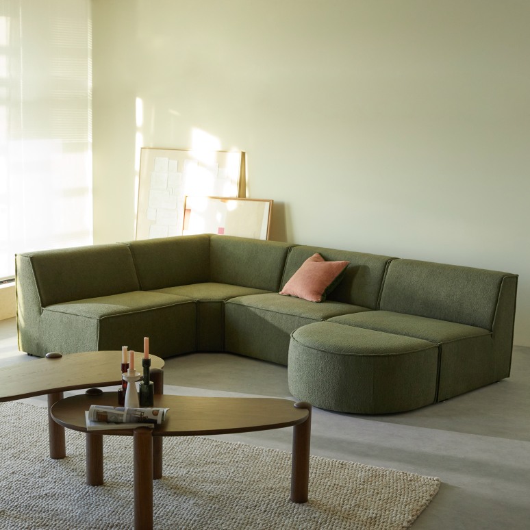 Dario - Canapé d'angle modulable en tissu vert, 5-6 places