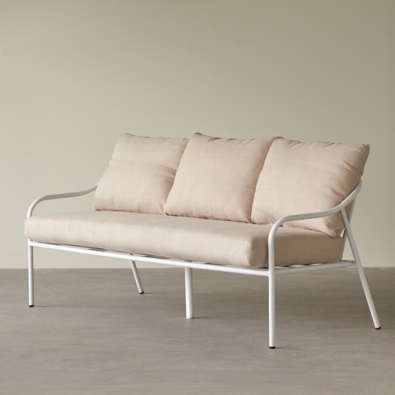 Luca - Banquette de jardin 3 places en tissu écru et métal white