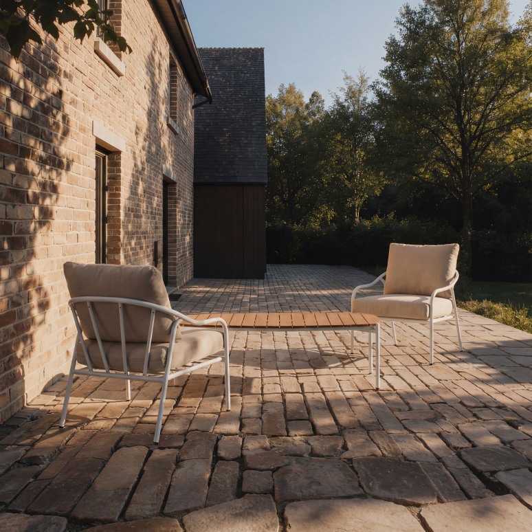 Luca - Gartenlounge aus naturfarbenem Stoff und weißem Metall, 2-Sitzer