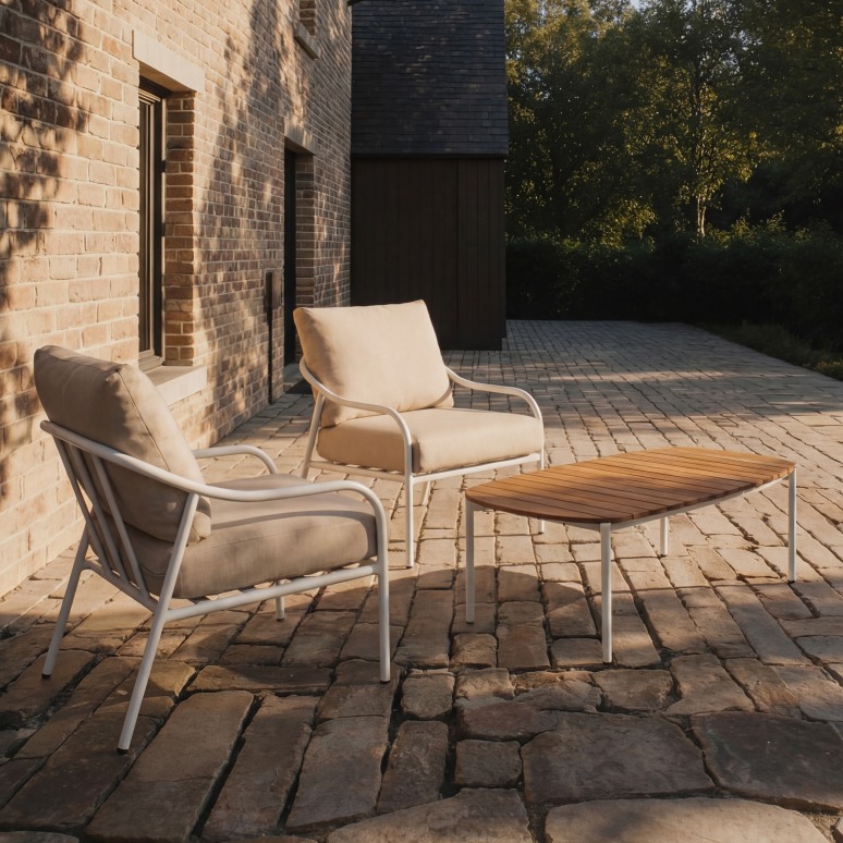 Luca - Salon de jardin en tissu écru et métal white 2 places